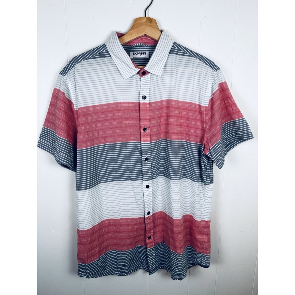 Express Men's Size Large Blue Pink Striped Short Sleeve Cotton Button-Up Shirt